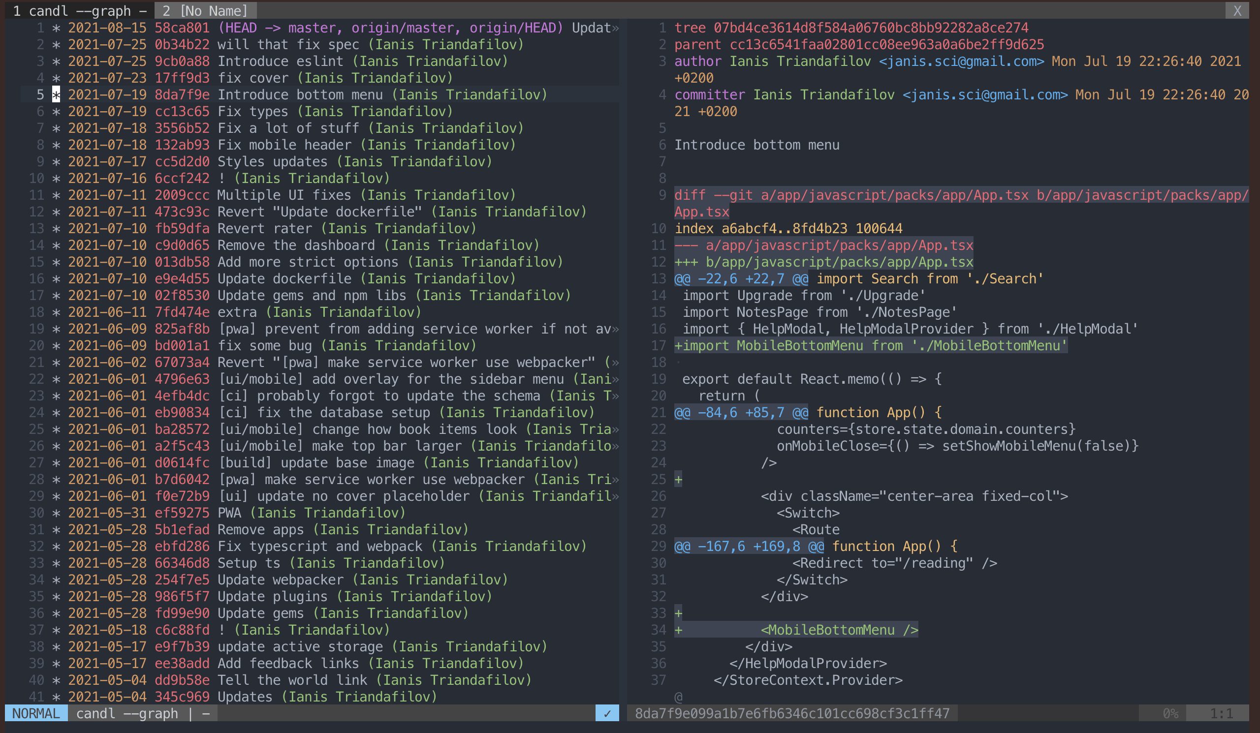 My commit history as viewed in GV